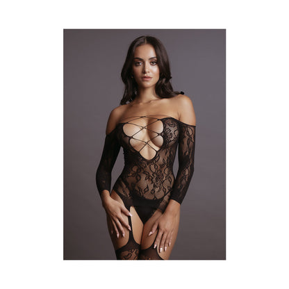 SHOTS - LE DESIR DEEP-V CRISS-CROSS BODYSTOCKING BLACK O/S