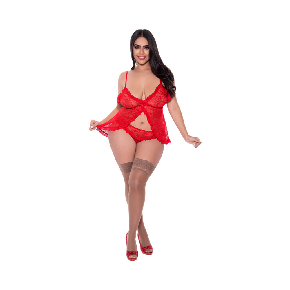 OOH LA LACE BABYDOLL & SPLIT-CROTCH PANTY SET RED QUEEN