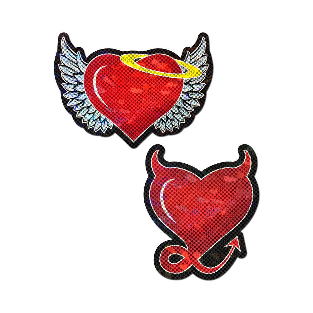 PASTEASE ANGEL & DEVIL HEART: RED GLITTER HEARTS WITH WINGS, HALO, HORNS & TAIL NIPPLE PASTIES