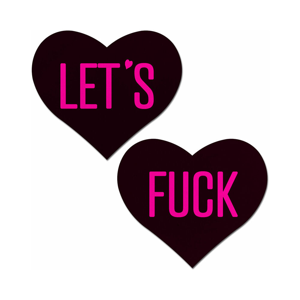PASTEASE LOVE: LET''S FUCK BLACK HEART ON NEON PINK BASE NIPPLE PASTIES