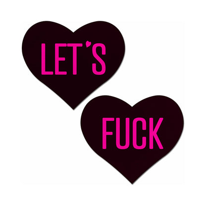 PASTEASE - LOVE: LET''S FUCK BLACK HEART ON NEON PINK BASE NIPPLE PASTIES