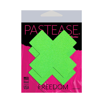 PASTEASE PLUS X: NEON GREEN DAY-GLOW LYCRA CROSS NIPPLE PASTIES
