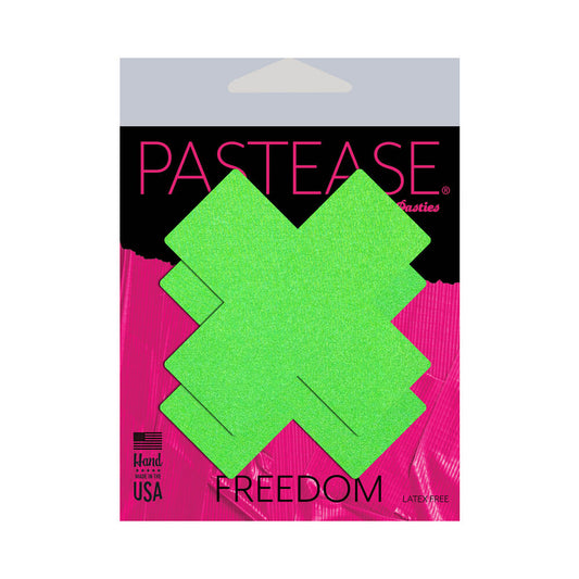 PASTEASE PLUS X: NEON GREEN DAY-GLOW LYCRA CROSS NIPPLE PASTIES