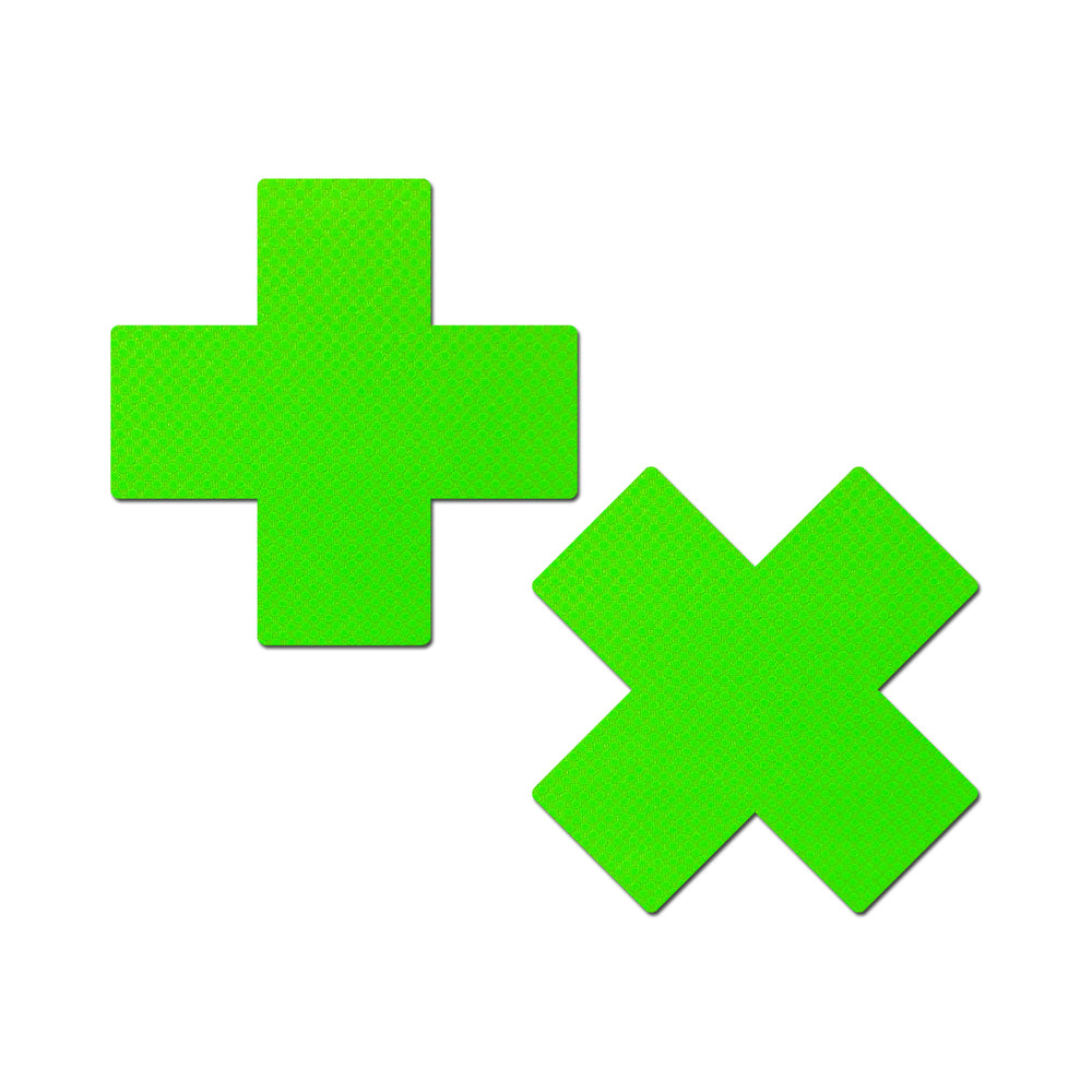 PASTEASE PLUS X: NEON GREEN DAY-GLOW LYCRA CROSS NIPPLE PASTIES