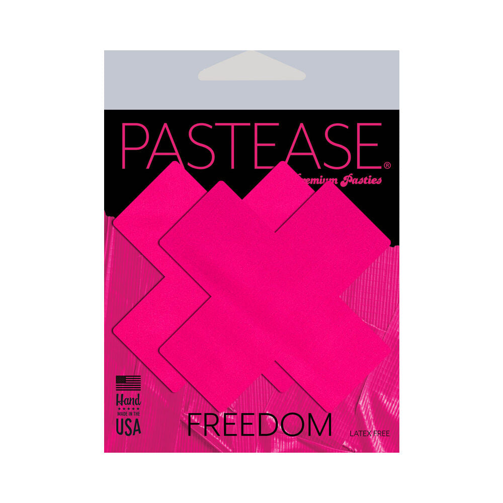 PASTEASE PLUS X: NEON PINK DAY-GLOW LYCRA CROSS NIPPLE PASTIES