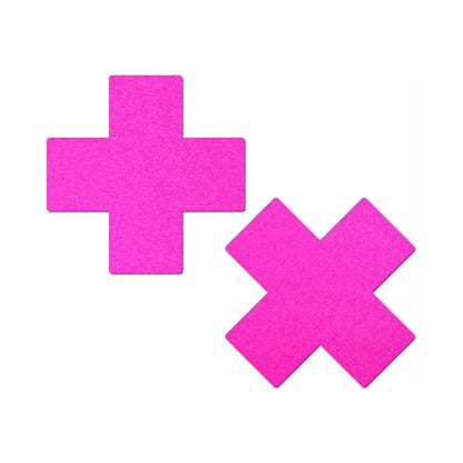 PASTEASE PLUS X: NEON PINK DAY-GLOW LYCRA CROSS NIPPLE PASTIES