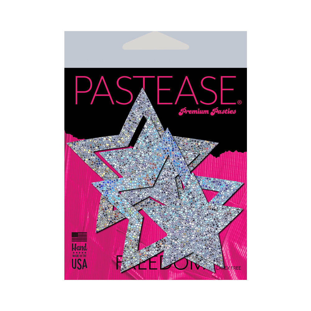 PASTEASE PEEK-A-BOOB: SILVER GLITTER STAR FRAME & CENTER NIPPLE PASTIES