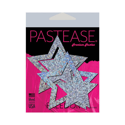 PASTEASE PEEK-A-BOOB: SILVER GLITTER STAR FRAME & CENTER NIPPLE PASTIES