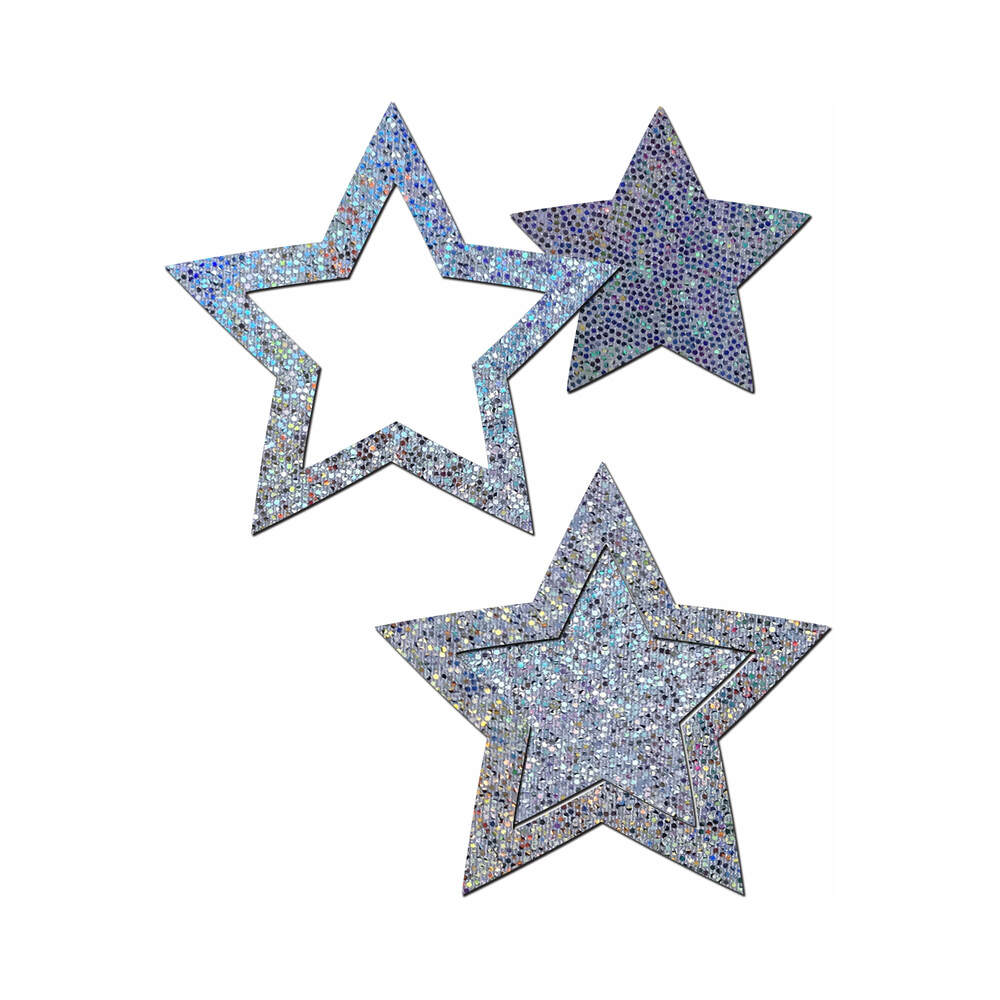 PASTEASE PEEK-A-BOOB: SILVER GLITTER STAR FRAME & CENTER NIPPLE PASTIES