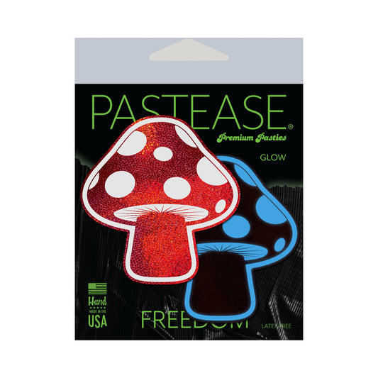 PASTEASE - MUSHROOM: SHINY RED & WHITE GLOW-IN-THE-DARK SHROOM NIPPLE PASTIES