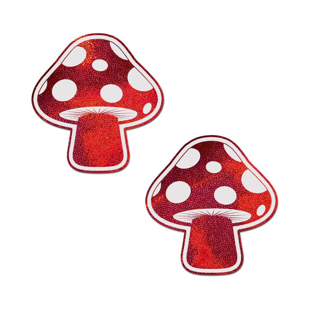 PASTEASE - MUSHROOM: SHINY RED & WHITE GLOW-IN-THE-DARK SHROOM NIPPLE PASTIES