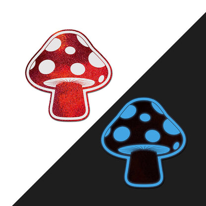 PASTEASE - MUSHROOM: SHINY RED & WHITE GLOW-IN-THE-DARK SHROOM NIPPLE PASTIES