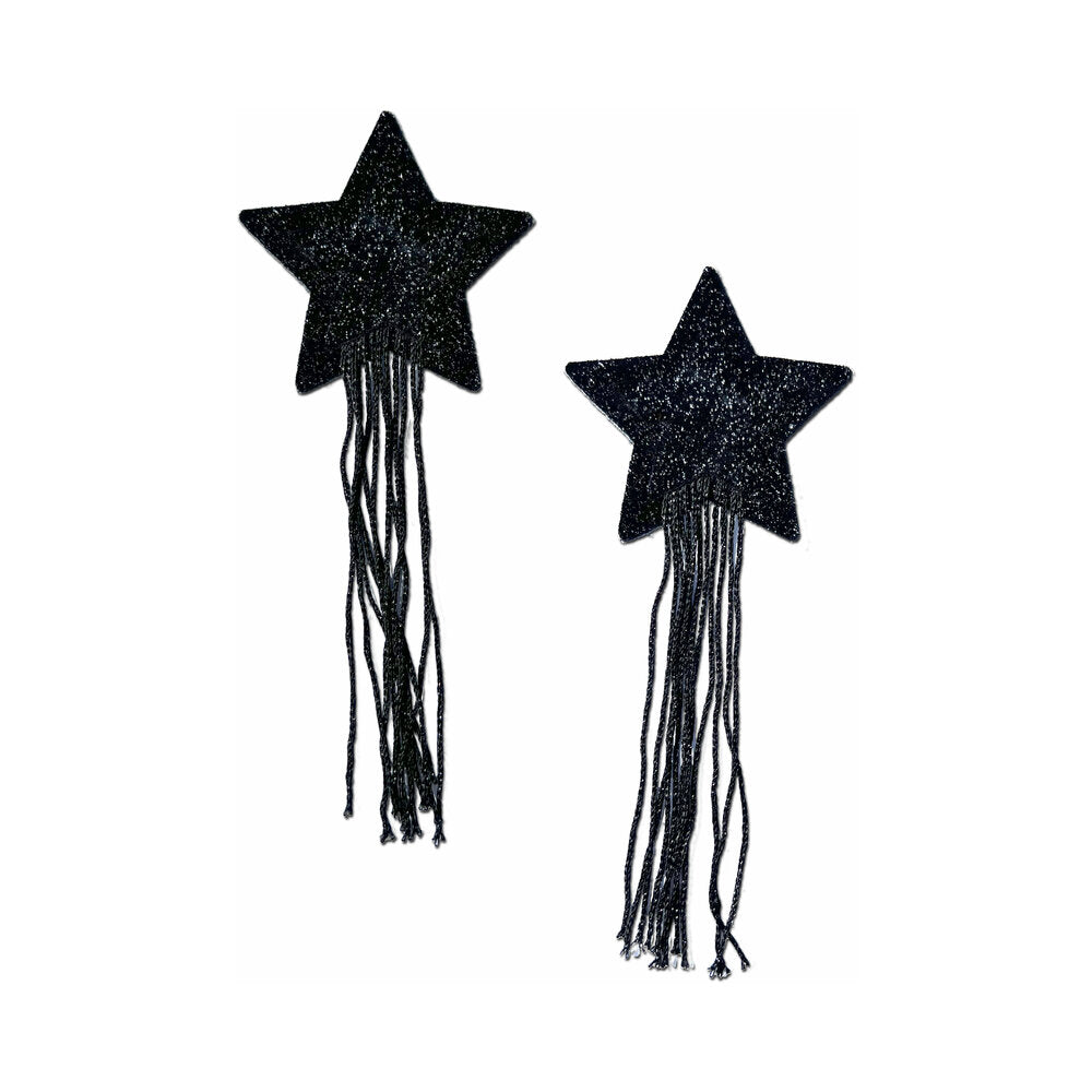 TASSEL PASTIES: BLACK SPARKLE STAR PASTEASE WITH LONG FRINGE NIPPLE PASTIES