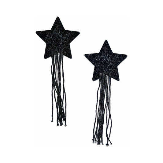 TASSEL PASTIES: BLACK SPARKLE STAR PASTEASE WITH LONG FRINGE NIPPLE PASTIES