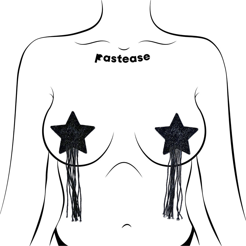 TASSEL PASTIES: BLACK SPARKLE STAR PASTEASE WITH LONG FRINGE NIPPLE PASTIES