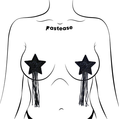 TASSEL PASTIES: BLACK SPARKLE STAR PASTEASE WITH LONG FRINGE NIPPLE PASTIES