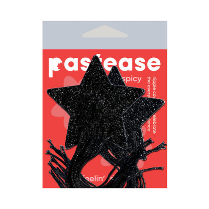 TASSEL PASTIES: BLACK SPARKLE STAR PASTEASE WITH LONG FRINGE NIPPLE PASTIES
