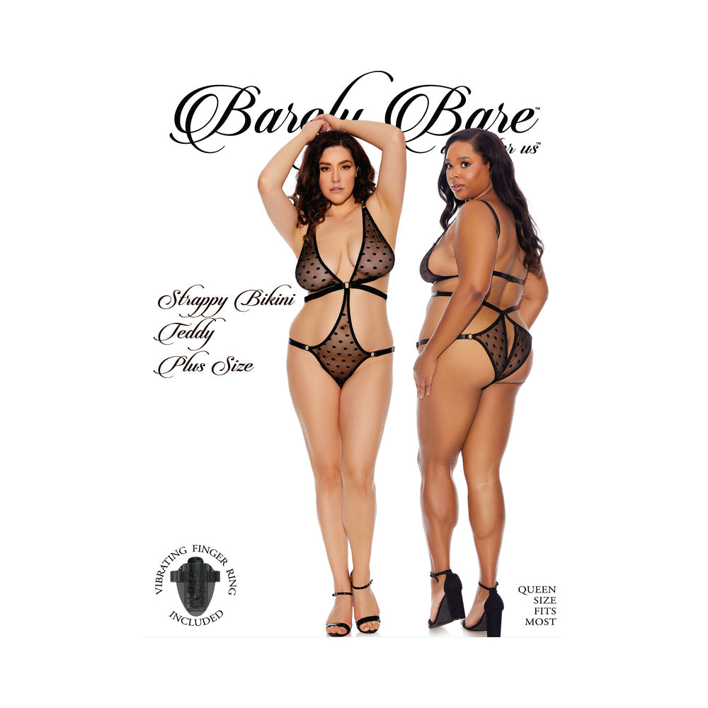 BARELY BARE STRAPPY BIKINI TEDDY WITH VIBRATING FINGER RING BLACK QUEEN SIZE