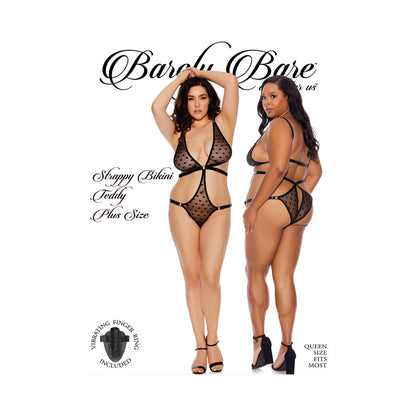 BARELY BARE STRAPPY BIKINI TEDDY WITH VIBRATING FINGER RING BLACK QUEEN SIZE