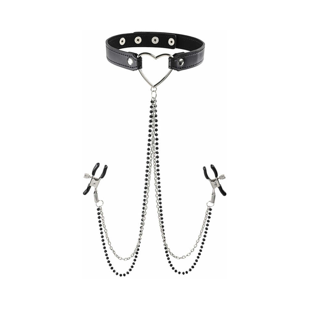 SPORTSHEETS - SEX & MISCHIEF AMOR ADJUSTABLE COLLAR WITH NIPPLE CLAMPS BLACK