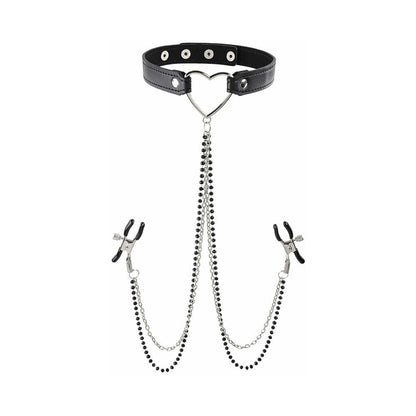 SPORTSHEETS - SEX & MISCHIEF AMOR ADJUSTABLE COLLAR WITH NIPPLE CLAMPS BLACK
