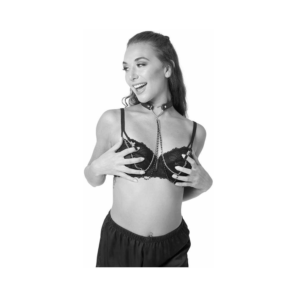 SPORTSHEETS - SEX & MISCHIEF AMOR ADJUSTABLE COLLAR WITH NIPPLE CLAMPS BLACK