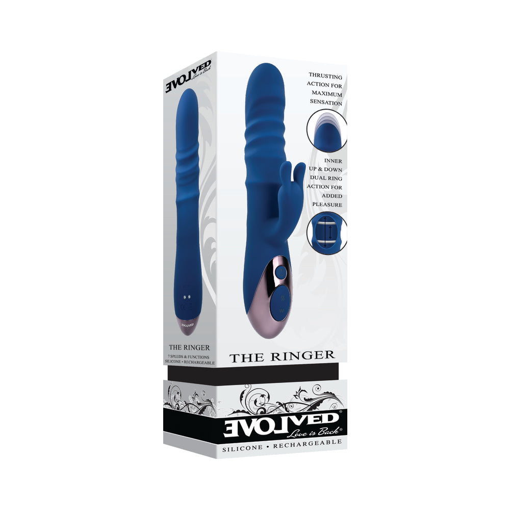 EVOLVED THE RINGER RECHARGEABLE THRUSTING SILICONE RABBIT VIBRATOR BLUE