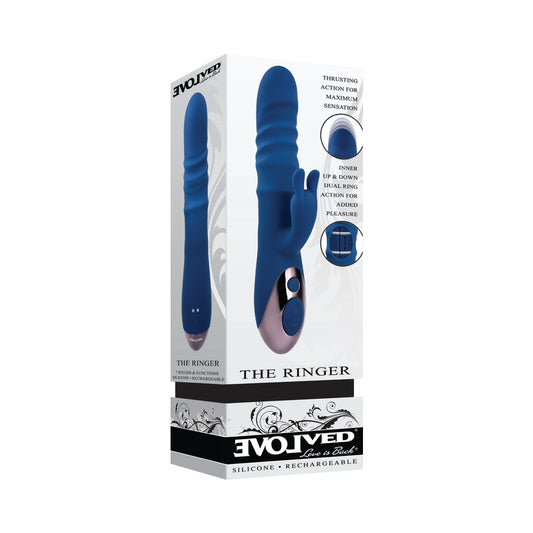 EVOLVED THE RINGER RECHARGEABLE THRUSTING SILICONE RABBIT VIBRATOR BLUE