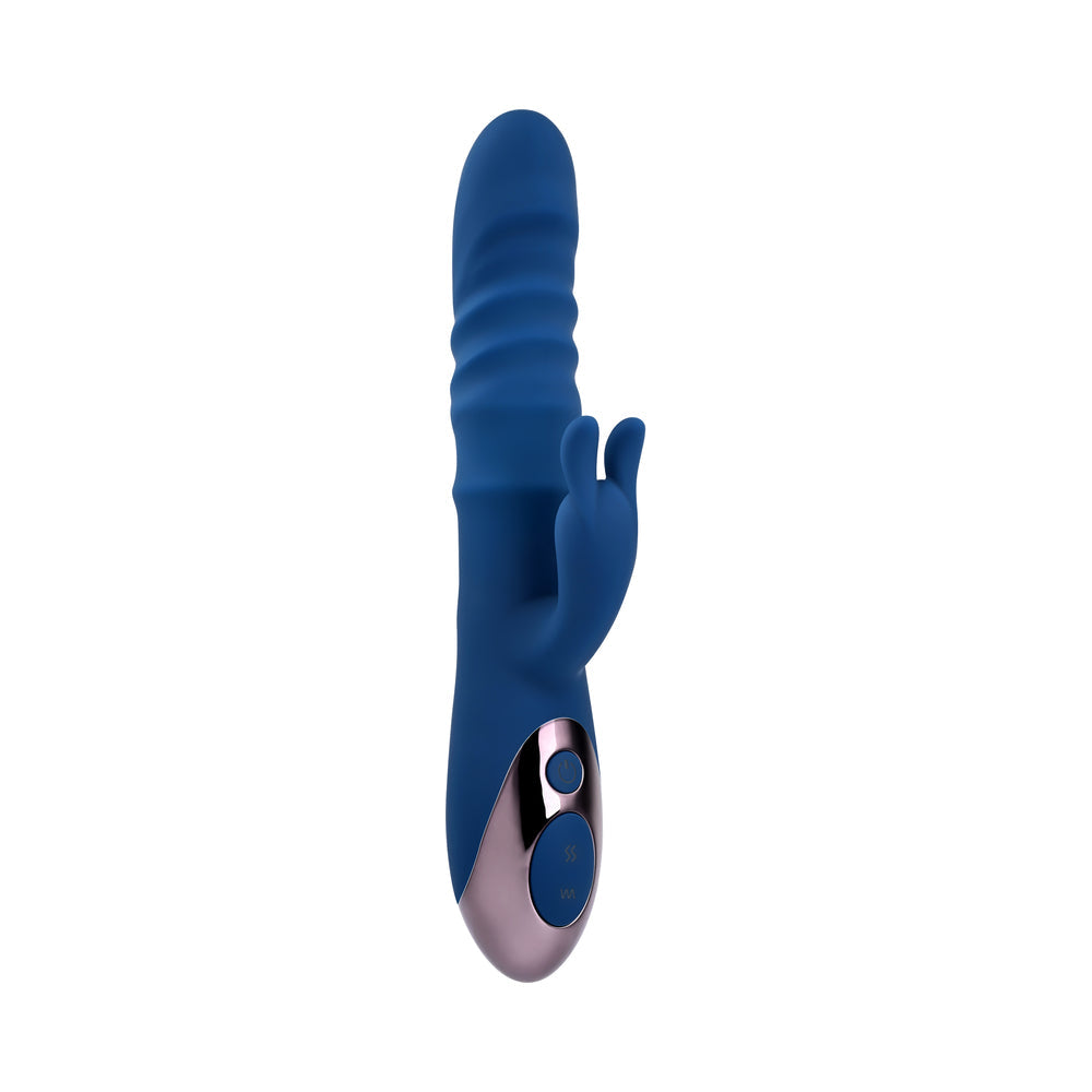 EVOLVED THE RINGER RECHARGEABLE THRUSTING SILICONE RABBIT VIBRATOR BLUE