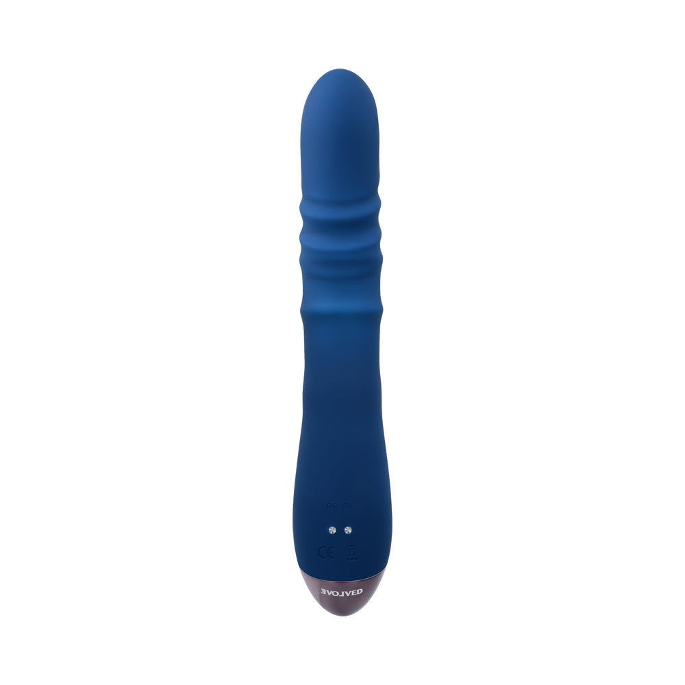 EVOLVED THE RINGER RECHARGEABLE THRUSTING SILICONE RABBIT VIBRATOR BLUE