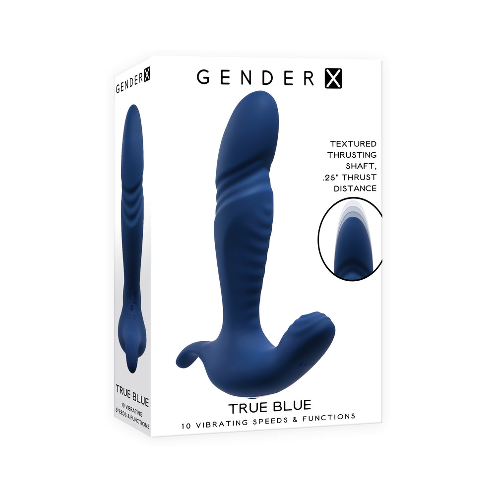 GENDER X TRUE BLUE RECHARGEABLE THRUSTING SILICONE VIBRATOR BLUE