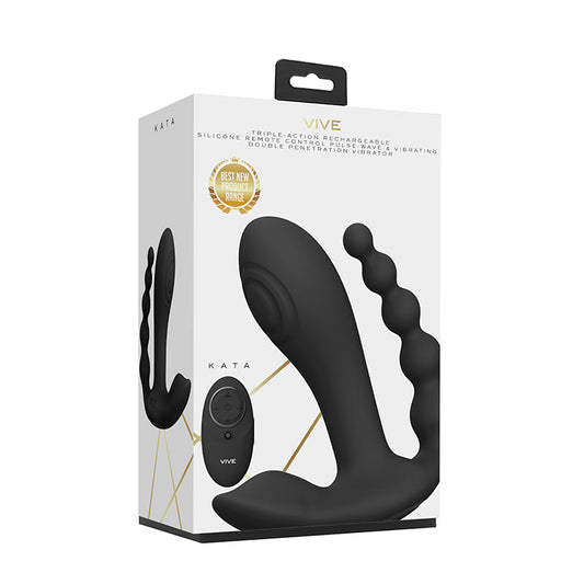 VIVE KATA RECHARGEABLE REMOTE-CONTROLLED TRIPLE MOTOR PULSE-WAVE DUAL ENTRY VIBRATOR BLACK