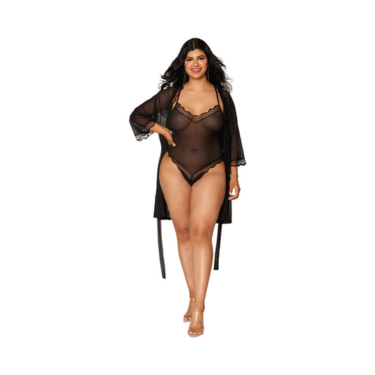 DREAMGIRL MESH ROBE & STRAPPY BACK TEDDY WITH LACE TRIM BLACK 3XL HANGING