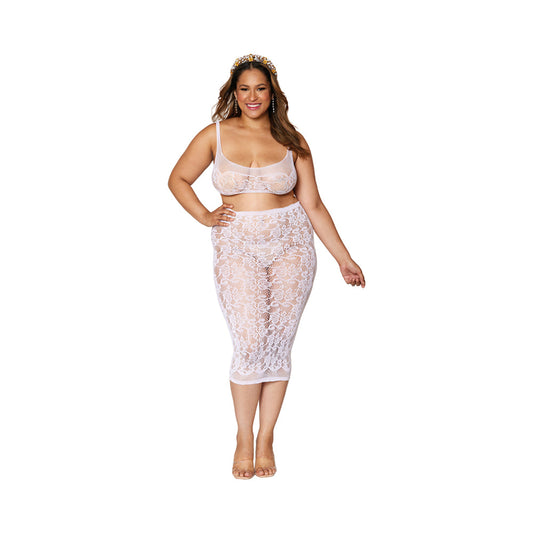 DREAMGIRL LACE FISHNET BRALETTE & SLIP SKIRT WHITE QUEEN SIZE