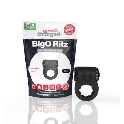 SCREAMING O - ANILLO DE PENE DE SILICONA RECARGABLE CON VIBRACIÓN CARGADO BIG O RITZ NEGRO