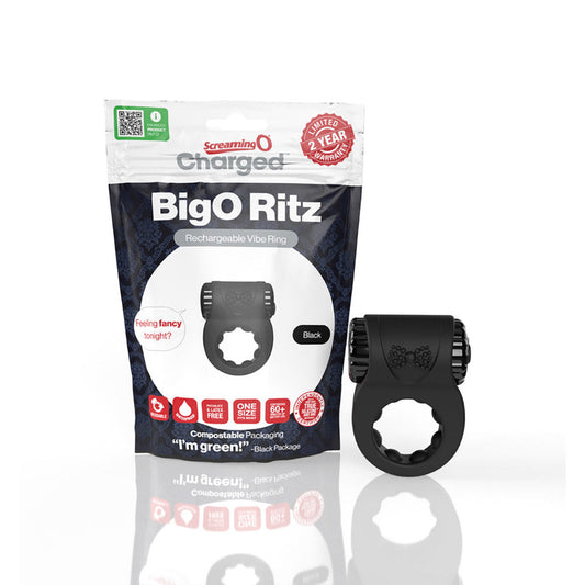 SCREAMING O CHARGED BIG O RITZ RECHARGEABLE VIBRATING SILICONE COCKRING BLACK
