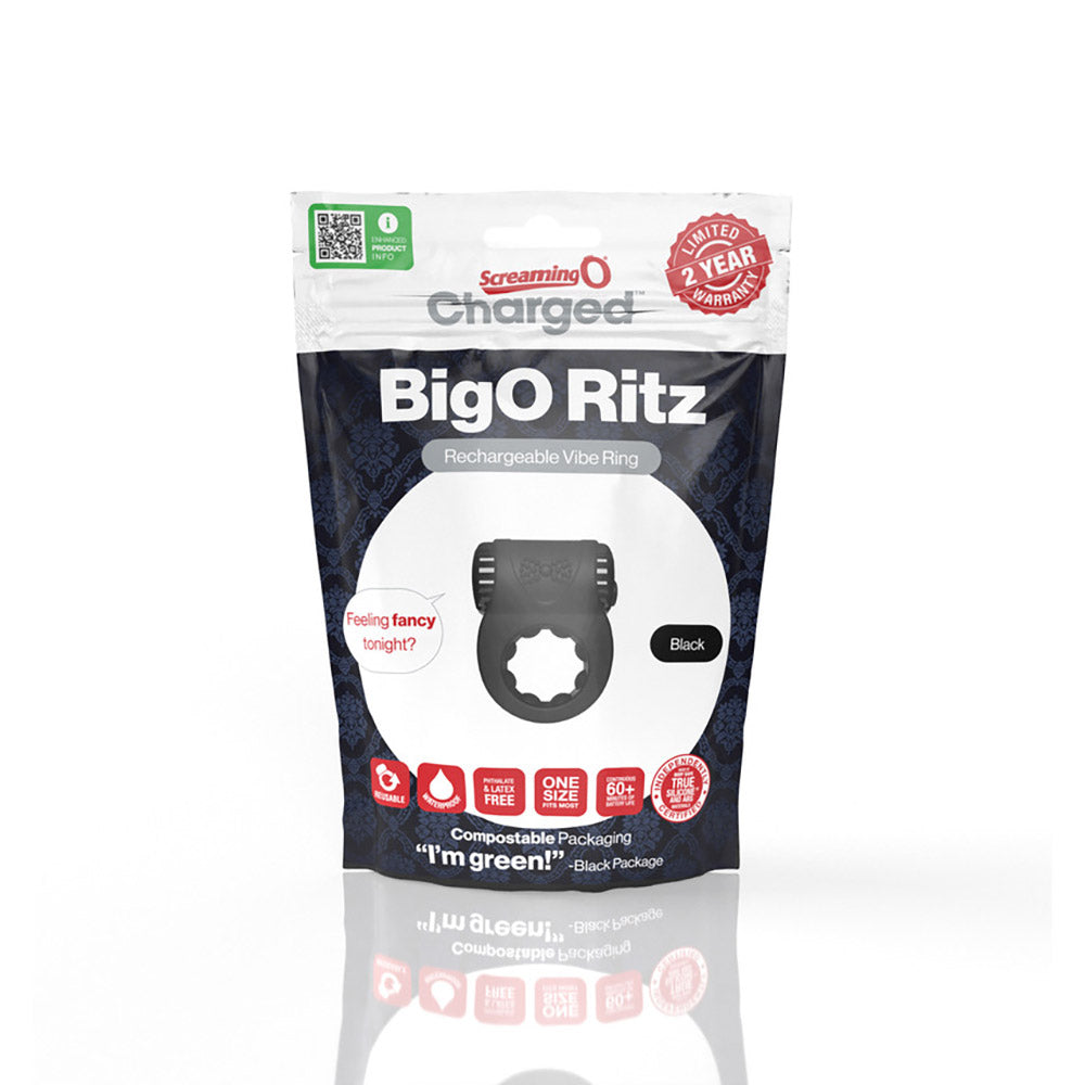 SCREAMING O - ANILLO DE PENE DE SILICONA RECARGABLE CON VIBRACIÓN CARGADO BIG O RITZ NEGRO