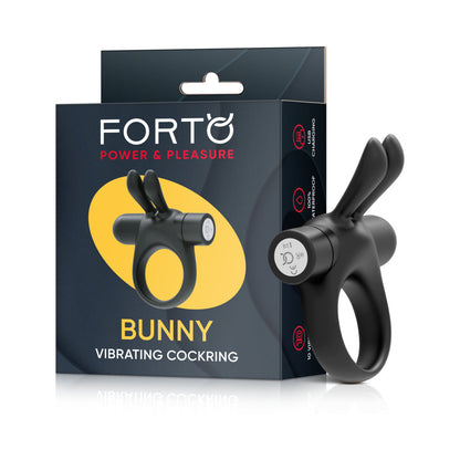 FORTO - BUNNY RECHARGEABLE SILICONE VIBRATING COCKRING WITH STIMULATING EARS BLACK