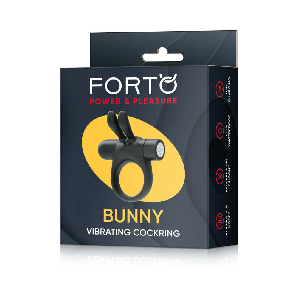 FORTO - BUNNY RECHARGEABLE SILICONE VIBRATING COCKRING WITH STIMULATING EARS BLACK