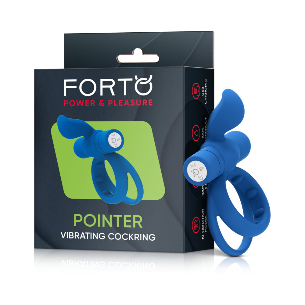 FORTO POINTER RECHARGEABLE SILICONE VIBRATING DUAL COCKRING WITH EXTERNAL STIMULATOR BLUE