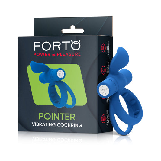 FORTO POINTER RECHARGEABLE SILICONE VIBRATING DUAL COCKRING WITH EXTERNAL STIMULATOR BLUE