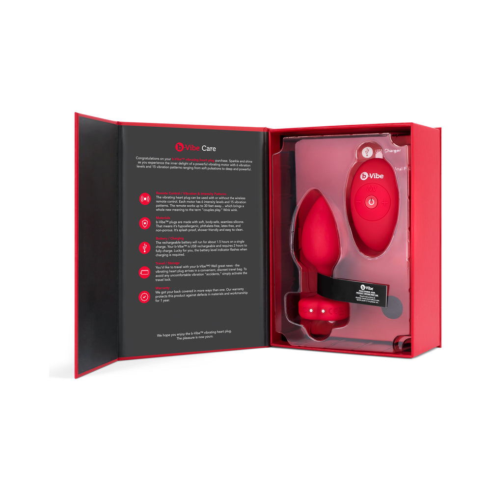 B-VIBE VIBRATING HEART ANAL PLUG WITH HEART-SHAPED JEWEL BASE MEDIUM/LARGE RED