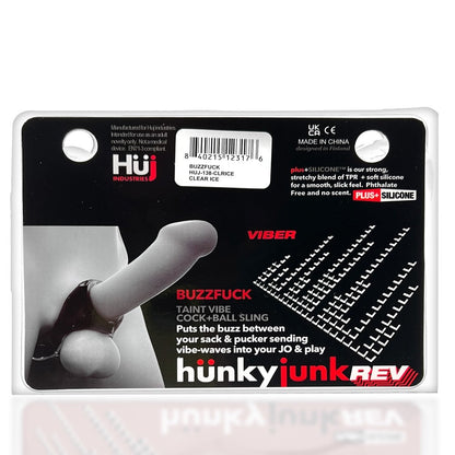 HUNKYJUNK BUZZFUCK COCK & BALL SLING WITH TAINT VIBRATOR CLEAR ICE