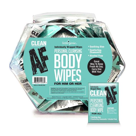 LITTLE GENIE - CLEAN AF INDIVIDUALLY WRAPPED PERSONAL CLEANING BODY WIPES 96-PIECE FISHBOWL DISPLAY