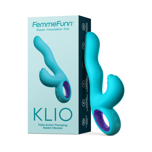 FEMMEFUNN KLIO RECHARGEABLE SILICONE TRIPLE ACTION THUMPING RABBIT VIBRATOR TURQUOISE