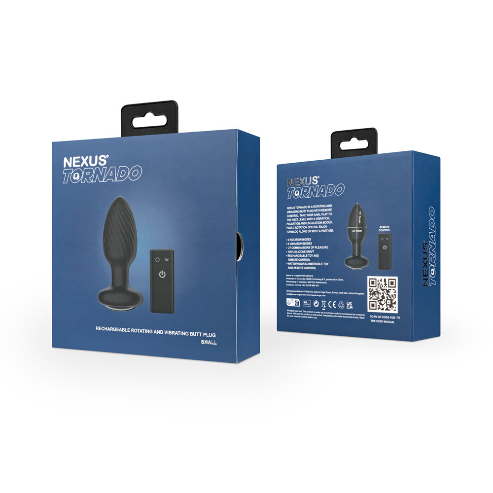 NEXUS - TORNADO TAPÓN ANAL DE SILICONA TEXTURIZADA RECAGABLE GIRATORIO Y VIBRADOR CON CONTROL REMOTO NEGRO
