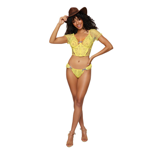 DREAMGIRL EMBROIDERED EYELET BAND AND STRETCH FISHNET BUSTIER AND G-STRING SET CITRUS XL