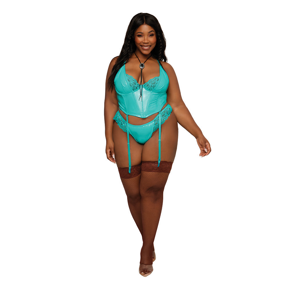 DREAMGIRL STRETCH VINYL AND LACE BUSTIER AND G-STRING SET OCEAN 3XL