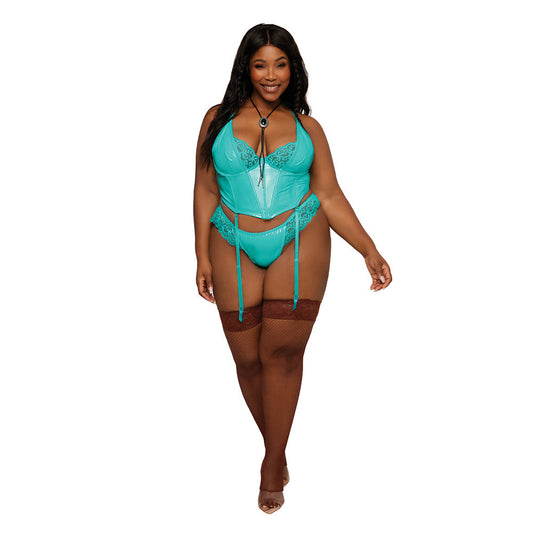 DREAMGIRL STRETCH VINYL AND LACE BUSTIER AND G-STRING SET OCEAN 3XL