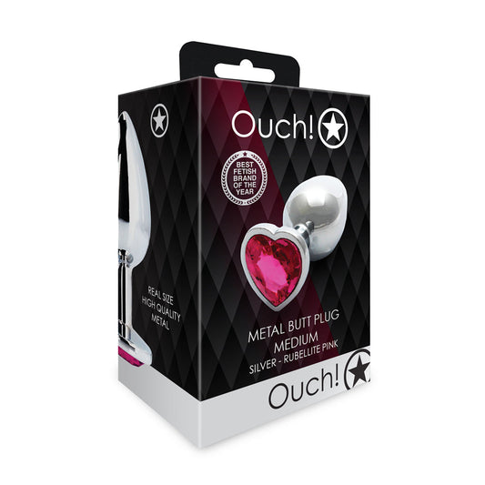 SHOTS - OUCH! HEART GEM BUTT PLUG MEDIUM SILVER/RUBELLITE PINK